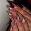 Uñas Postizas Ojo de Gato Rosa Nude Dorado Transfronterizas, Uñas Largas Forma Almendra con Diseño de Línea Dorada Francesa de Alta Gama, Uñas Terminadas Arte de Uñas al por Mayor