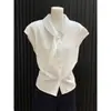Blusa Branca Doce com Fita Estilo Francês para Mulheres, Novo Estilo de Verão, Design Plus Size, Camisa Casual Solta Emagrecedora