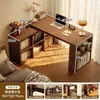 Mesa Dupla de Madeira Maciça com Estante, Mesa para Estudo em Casa, Mesa Longa para Quarto, Armário de Armazenamento, Mesa de Computador Integrada Extensível