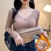 Tops Calientes para Mujer en Invierno, Terciopelo Engrosado con Almohadillas en el Pecho, Ropa de Otoño con Cuello en V, Camisetas Básicas Ajustadas, Camisas de Manga Larga