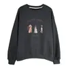 Moletom Estampado Estilo Coreano sem Capuz para Mulheres, Estilo Solto e Casual, Forrado com Fleece e Espesso, Blusa de Gola Redonda Pulôver para o Inverno