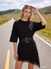 Aliexpress Más Vendido Moda Casual Femenina Transfronteriza Europea y Americana Sencilla de Corte Recto Cuello Redondo Manga Corta Encaje Parcheado Camiseta Larga
