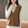 Chaleco de punto de algodón puro con cuello en V para mujer, nueva colección principios de otoño 2025, color liso, corte holgado, sin mangas, perfecto para usar en capas, top para mujer