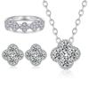 Colar Trevo de Quatro Folhas Design Feminino Flor Zircônia Brincos Comércio Exterior Anel de Prata Esterlina Conjunto de Joias de Prata 925 Conjunto de 3 Peças
