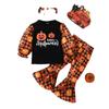 Conjunto de Halloween para niños de comercio exterior, nuevo conjunto de camiseta de manga larga a juego con color calabaza, pantalones acampanados de malla + banda para el cabello, conjunto de tres piezas