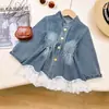 Vestido tipo chaqueta de mezclilla para niña, nuevo estilo Otoño/Invierno 2016, Vestido de retazos de mezclilla con encaje, Vestido de moda