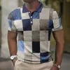 Camisa Polo Europeia e Americana Masculina Transfronteiriça Tendência com Estampa Digital 3D, Bloqueio de Cor Xadrez, Manga Curta, Colarinho Cuban
