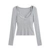 Primavera e Verão 2025 Nova Blusa Base Slim de Manga Comprida em Duas Peças Top Spice Girl Costura de Renda Camiseta de Manga Comprida para Mulheres