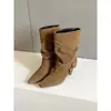 Primer Encuentro Ji Dong Qiu Estilo Nuevo Punta Cuadrada Hebilla Tacón Alto Botas de Media Caña Moda Femenina Temperamento Adelgazante Fruncidas Botines Botines