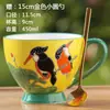 Caneca de café da manhã em cerâmica de alto valor, com relevo pintado à mão, acompanhada de colher, pode ir ao forno de micro-ondas