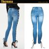 Calças de Primavera 2021 com Tiras Cruzadas nas Pernas, Jeans de Corte Justo, Jeans de Renda Sexy de Corte Justo, Tendência