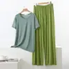 Conjunto de Pijama Casual para Mujer de Verano Delgado Talla Grande, Manga Corta, Pantalones Largos Anchos Cortados, Adecuado para Usar como Ropa de Exterior