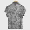 Camiseta Básica de Cuello Alto para Mujer 2024 Nuevo Estilo Moda Femenina Malla Estampada Europea Camiseta Pequeña con Top de Manga Corta