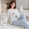 Pijama feminino, algodão puro, manga longa, calça comprida, gola redonda, sem botões, estilo primavera e outono, doce e fofo, pode ser usado fora de casa, conjunto de loungewear feminino