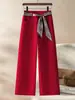 Pantalones Blancos con Cordones para Mujer 2026 Estilo Nuevo Pantalones de Mezclilla Suave Otoño Cintura Alta Sueltos Caídos Pantalones Casuales de Pierna Recta para Mujer