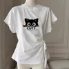 Camiseta Redonda de Manga Corta con Estampado de Dibujos Animados Bf Dulce y Picante Coreano para Mujer Primavera y Verano Nuevo Diseño Top con Tira Plisada