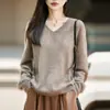 Suéter de punto de lana sin costuras con cuello en V para mujer, otoño e invierno, suéter holgado de manga larga de forro polar, top básico de estilo casual
