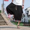 Verano 2024 Nuevo Estilo Étnico Retro Chino de Algodón y Lino Suelto Tiro Ancho Pantalones de Pierna Ancha Pantalones Capri para Hombre