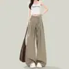 Pantalones Casuales Holgados de Pierna Ancha Color Caqui Perezoso para Mujer Nuevo Diseño con Pliegues Sueltos de Cintura Alta Versátiles
