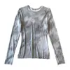 Elegante camiseta básica de manga larga, cuello redondo, corte slim, elástica, con estampado tie-dye de tinta 3D estilo chino, textura de sarga de alta torsión.