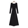 Vestido europeo y americano de principios de otoño nuevo con costuras estilo Hepburn elegante cuello cuadrado manga larga para mujer adelgazante falda larga de vuelo amplio