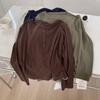 Camiseta Feminina Macia e Encerada com Meio Botão, Franzido na Cintura e Manga Longa para Outono e Inverno, Elástica, Slim Fit, Versátil, Curta para Usar por Baixo