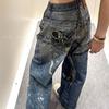 Corrente Pesada Retro Americana Calça Jeans para Mulheres, Design High Street Estampa Digital Colorida Calça Comprida