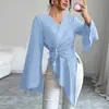 Moda Transfronteriza Europea y Americana para Mujer 2026 Primavera y Otoño Nuevo Estilo Estilo Maduro Top de Satén para Mujer con Sentido del Diseño y Cuello en V de Atar