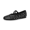 Zapatos planos elegantes y cómodos con tachuelas, diseño de empeine bajo de 1,2 cm, modelo nuevo de verano 2026, punta redonda, suela plana, zapatos de piel de corte bajo