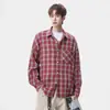 Jaqueta camisa casual folgada retrô de manga comprida estilo americano, camisa xadrez escovada casual para homens, adequada para o trajeto diário, com gola de lapela, para o outono