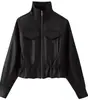 Moda europea y americana transfronteriza para mujer, popular en AliExpress: Chaqueta corta de estilo francés, manga larga, cuello alto, ajustada, en colores negro y café
