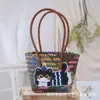 Bolsa Tejida de Cachorro de Dibujos Animados de Colores, Bolso para el Trabajo y el Viaje Diario, Cesta Portátil para Verduras, Bolso de Playa de Mimbre Sintético, Bolso de Mano para Picnic
