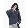 Suéter Listrado Patchwork Estilo College Americano Masculino Outono 2026 Solto Retro Tendência Marca Falso Duas Peças Tricô Top