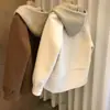 Chubby girl Otoño e Invierno Nuevo Abrigo de Lana para Mujer talla grande Sense Tejido con Capucha Falso Dos Piezas Top Espeso Spandex