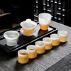 Tetera de Porcelana Jade Vidrio Juego de Té Kung Fu Accesorios Tazón de Cubierta Juego de Té de Gama Alta Juego Completo Regalo para Hogar Oficina Venta al por Mayor
