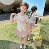 Saia Plissada Guofeng de Verão para Meninas Conjunto com Laço Novo Vestido de Verão Duas Peças para Meninas Infantil
