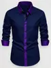 Camisa Casual de Lujo para Negocios de Color Claro, Tela Anti-Arrugas sin Planchar, Cuello de Color Contrastante, Manga Larga con Empalme de Patrón Oscuro Cruzado