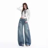 Jeans Rasgado de Cintura Alta com Estampa de Estrela Retro Americana Patchwork de Perna Curva para Mulheres, Calça Versátil Casual Solta de Comprimento Total