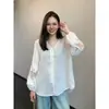 Camisa Ligera Transpirable de Lino Tencel Estilo Francés con Cuello en V Hueco Holgada de Encaje para Mujer 26 Primavera/Verano H031911