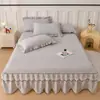 Nova Saia de Cama de Algodão Lavado Grau A Peça Única, Universal para Todas as Estações, Colcha Matelassê Conjunto de Três Peças, Saia de Cama Estilo Coreano com Barra para Cobrir Imperfeições