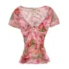 Moda Femenina de Comercio Exterior Transfronterizo Europeo y Americano Estilo Nuevo Estilo Callejero Teñido Estética Encaje Cuello en V Profundo Atado Camiseta de Verano Ajustada