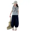 Conjunto casual de dos piezas para niñas de verano con decoración de pañuelo de seda, nuevo modelo 2026, conjunto casual infantil de manga corta y pantalón ancho