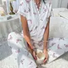 Pijama Feminino Transfronteiriço Novo Estilo Europeu e Americano Gola Sexy Renda Estampa de Cereja Camisa Calça Justa Roupa de Casa Pijama