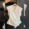 Camisa Feminina Renda Francesa Decote V Sem Mangas Verão 2025 Nova Versátil Fashionável Elegante Cintura Assimétrica Top