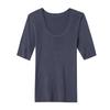 Top de punto sin costuras, lavable a máquina, cuello en U, 100% lana peinada, con mangas de tres cuartos, suéter de capa base para mujer, manga corta