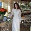 Vestido de punto de manga abullonada con cuello en V, color liso, encaje y botones, transfronterizo, socialité, elegante y forrado, corte ajustado con cintura ceñida, vestido largo de línea A