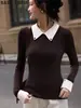 Camiseta base de punto de dos piezas falsas para mujer, nuevo top elegante de punto azul marino para primavera y otoño 2026
