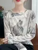 Camiseta Delgada de Manga Larga para Mujer de Principios de Otoño, Modelo Nuevo 26, Cuello Redondo, Estampada, Adelgazante, Top Versátil, Suéter Base de Punto Fino