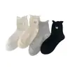 Calcetines Grises para Mujer, Estilo Delgado de Verano, Calcetines de Media Pantorrilla con Borde Enrollado y Bordado de Moño, Estilo Coreano, Calcetines de Algodón Sin Costuras de Estilo Trendy Ins