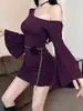 Vestido Morado con Cuello de Una Línea y Mangas de Campana para Mujer en Otoño e Invierno, Falda Sexy que Cubre el Trasero para Damas, Falda Interior que Moldea la Figura
